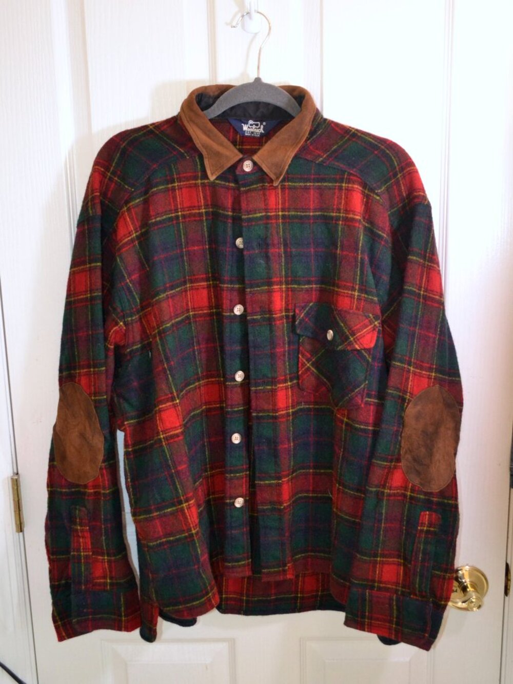 Vintage Woolrich Wool Plaid Shirt Jacket Suede Collar Elbow Patches USA